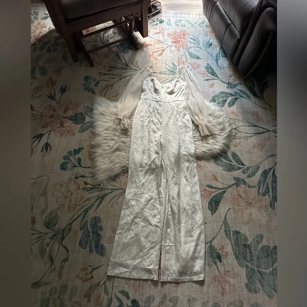 LULU’S Gracefully Modern Ivory Satin Mesh Long Sleeve Bustier Jumpsuit - Image 5