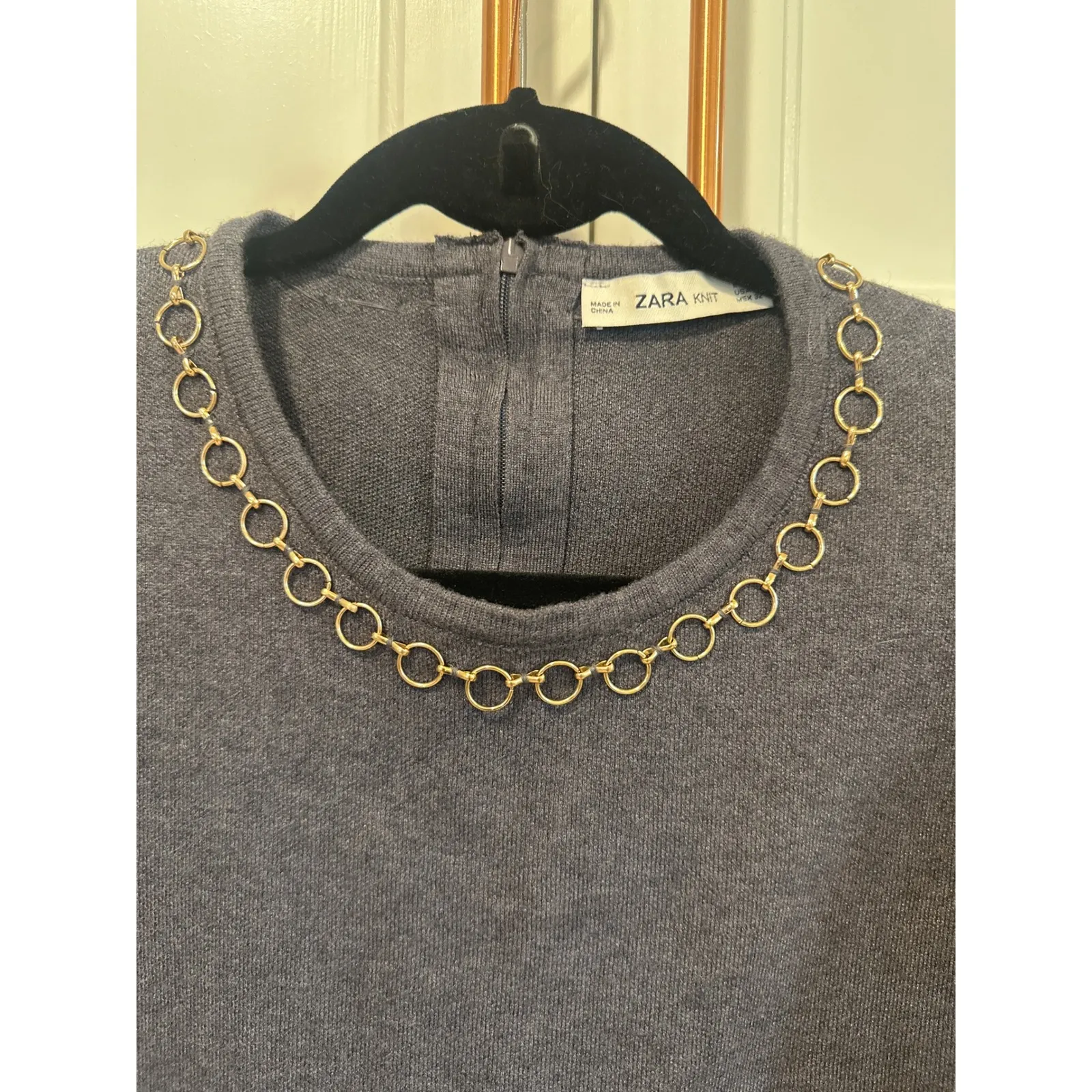 Zara Knit Top Short Sleeve XL Gray Gold Chain Neck Detail Pullover Women casual - Image 2