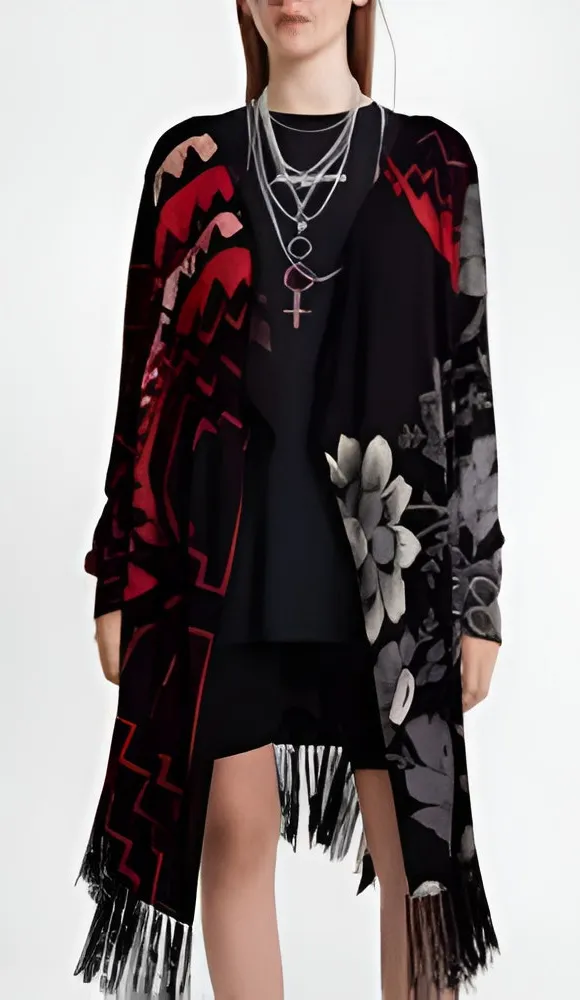 Desigual Womens Boho Dark Detroit Fringe Floral Open Front Knit Cardigan Size L - Image 1