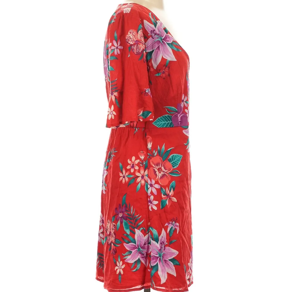 Old Navy Deep V Neck Waist-Defined Bell-Sleeve Faux-Wrap Red Mini Dress Large - Image 5