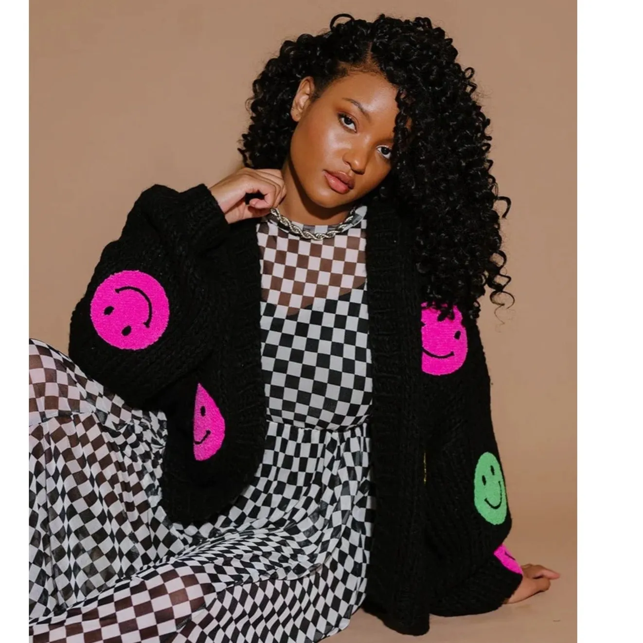 Dressed in La La Visionary Hand Knit Smile Cardigan Size L/XL Black - Image 3