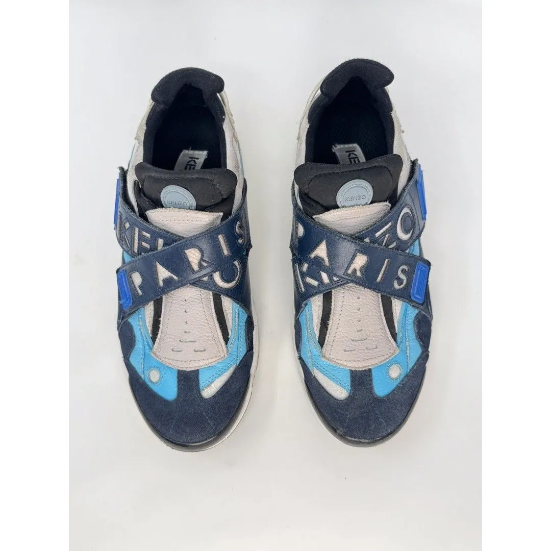 KENZO Women Shoes Blue Sonic Trainer Leather Chunky Sneakers Cross Strap 44 US 9 - Image 3