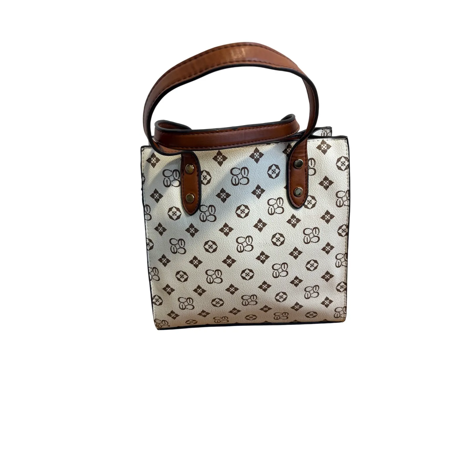 Brown‎ & White Monogram Mini Tote Bag Faux Leather Structured Satchel Purse - Image 5