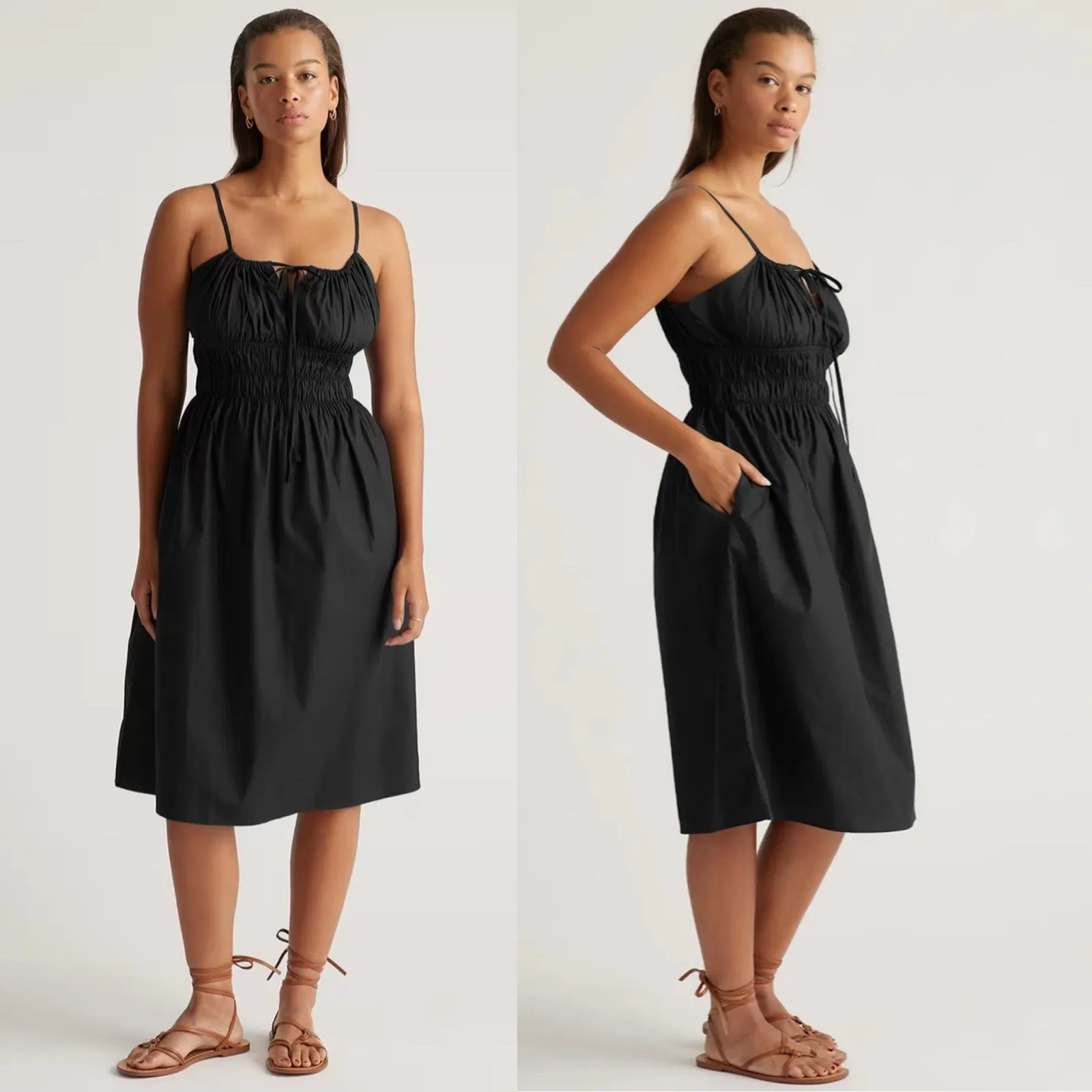 Quince Women Organic Cotton Keyhole Midi Dress Black Sz Medium Chic Minimalist - Image 6