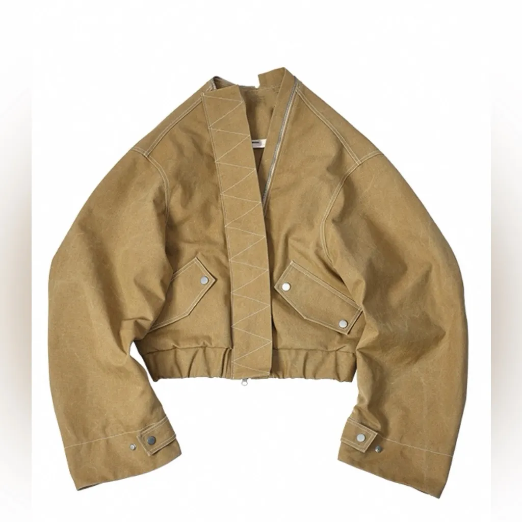 Unique Oversized Cropped Bomber Jacket with Contrast Stitching XS Tan - Image 3