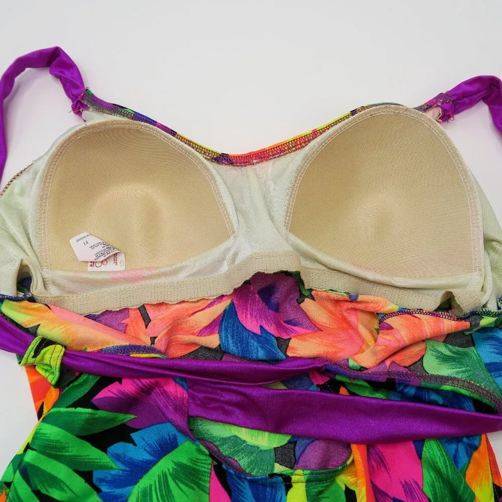 Vintage 80s Maillot Baltex Neon Hawaiian Floral One Piece Swimsuit - Image 10