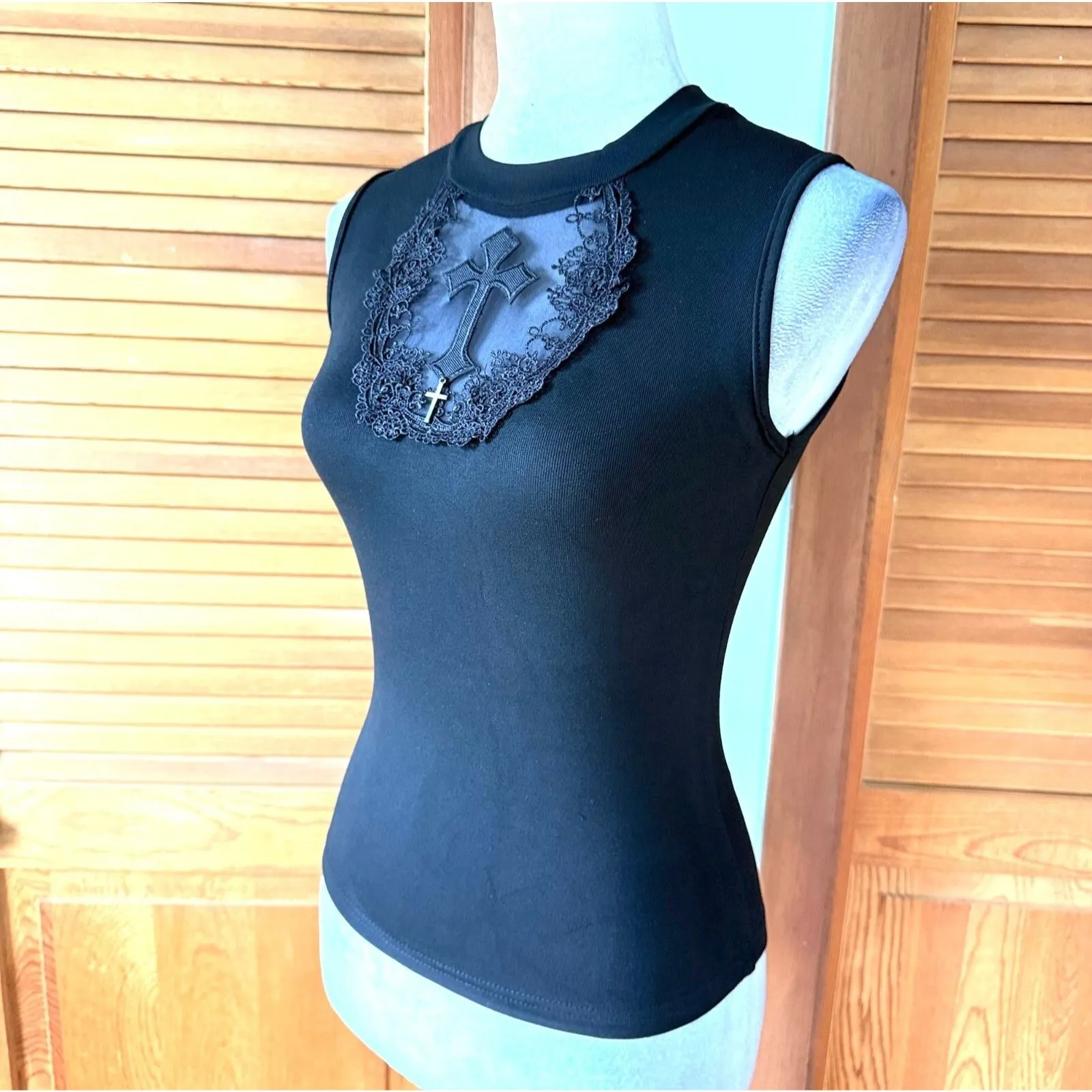 Gothic Lolita EGL Victorian Punk Black Midnight Prayer Cross Lace Trim Top M Size M - Image 3