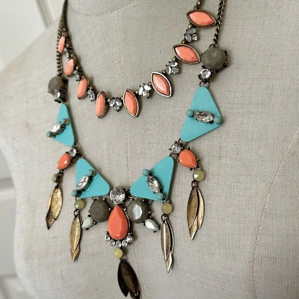 Blue and orange geometric multi strand statement necklace - Image 3
