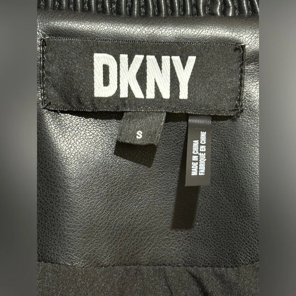 DKNY Faux Leather 3/4 Sleeve Bomber Jacket size S 18” p2p Black $150 Retail NWOT - Image 3