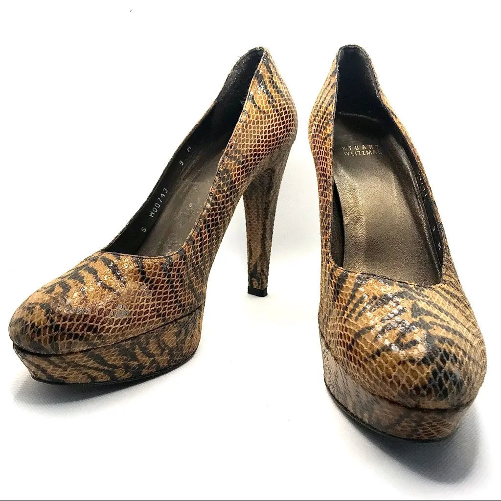 STUART WEITZMAN BROWN & BLACK LEATHER ANIMAL PRINT SNAKESKIN EMBOSSED HEELS (9) - Image 6
