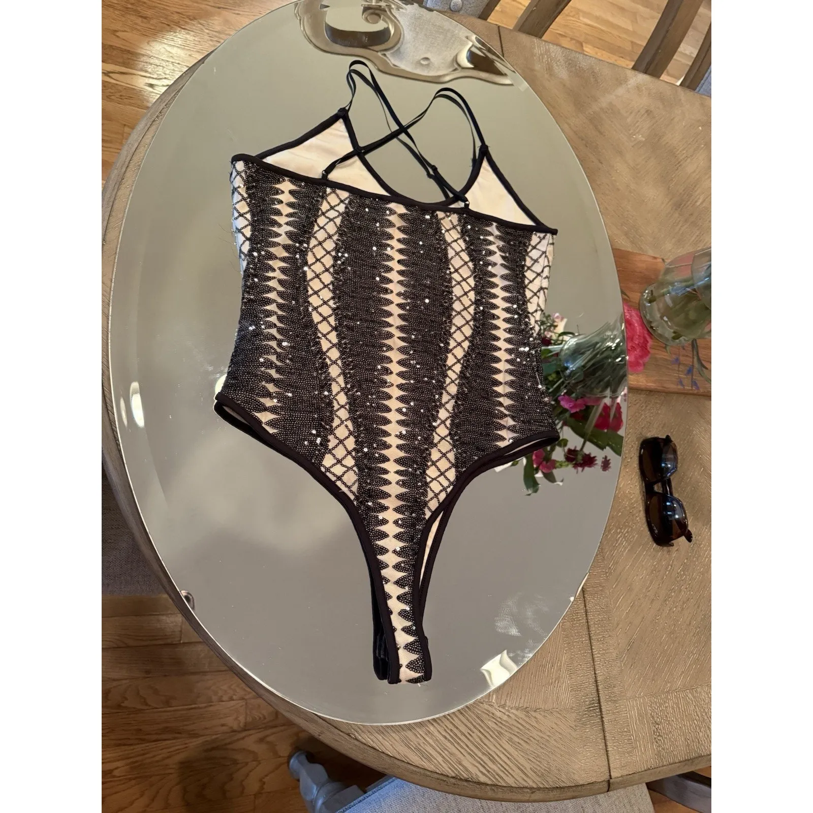 Charlotte Russe L Y2K Crochet Net Black Bodysuit Festival Shimmy - Image 6