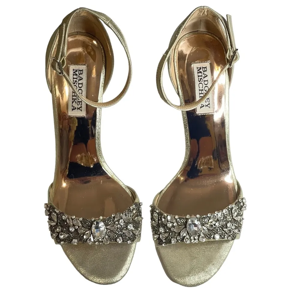 ❧ Barby Crystallized Heeled Sandals ❧ Gold Shimmery Leather ❧ 8M - Image 8