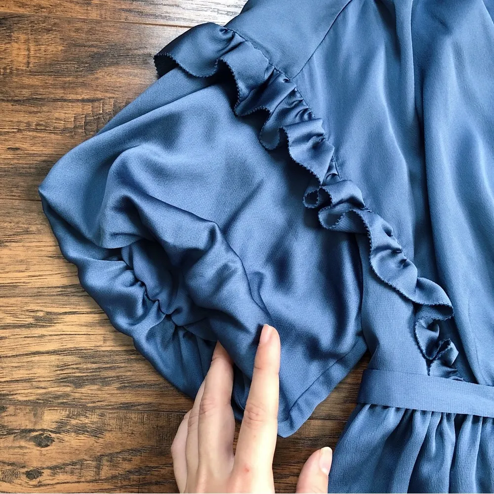 Kate Spade • Belted Satin Midi Dress ruffle trim short sleeve Antique Blue - Image 6