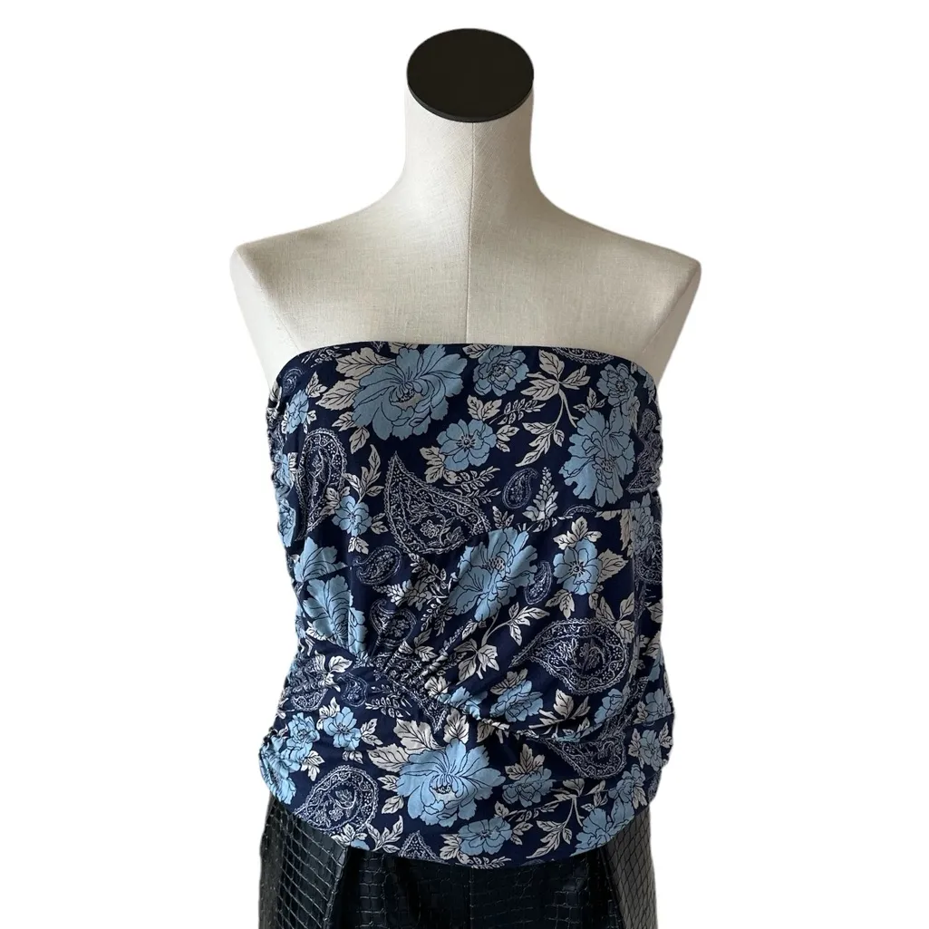 NWOT Free People Ruched Bandeau Top in Blue Floral Paisley - Image 2