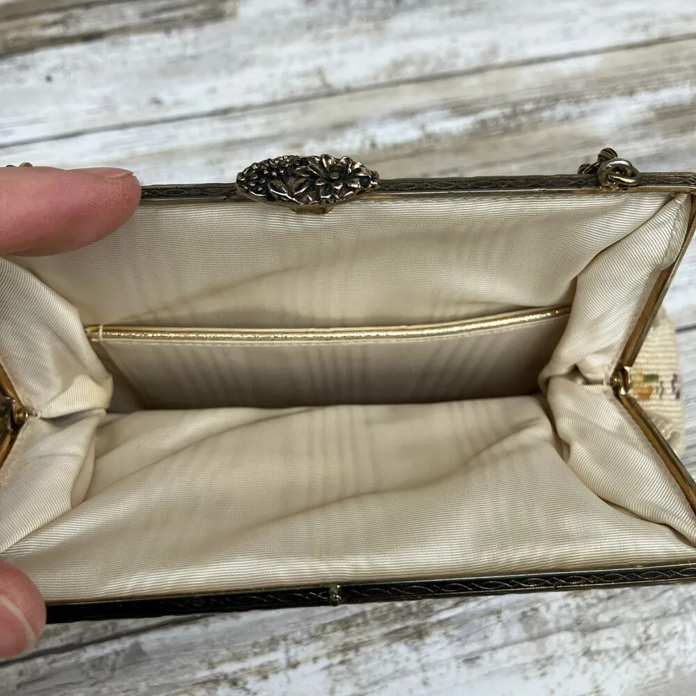 VTG Purse Needlepoint Tapestry Floral Cream Pink Framed 50s 60s Classic Coquette - Image 11