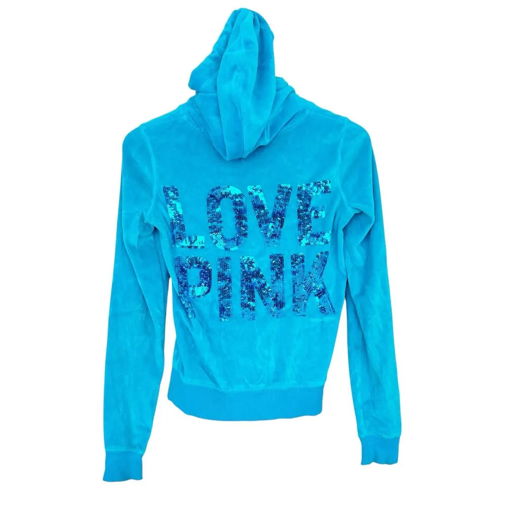 Victoria's Secret Pink Blue Velour Full Zip Sequin Hoodie Sz XS - Image 5