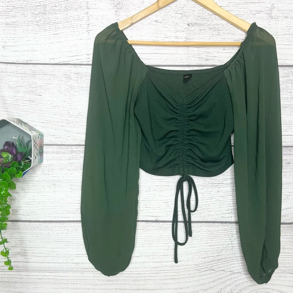 SHEIN Green Ruched V-Neck Chiffon Long Sleeve Fitted Crop Top Blouse Size Small - Image 8