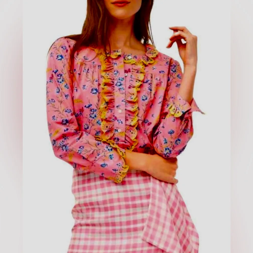 J. Crew‎ Liberty London Cotton Poplin Ruffle Blouse Liberty Wheat Bouquet Floral - Image 2