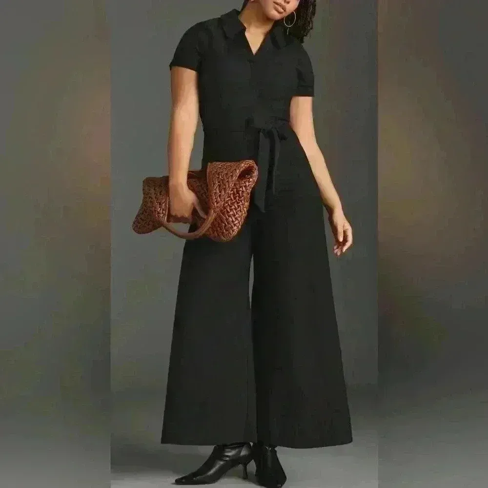 Maeve Anthropologie Black Colette Wrap Jumpsuit Wide Leg Linen Blend $178 Resort - Image 3