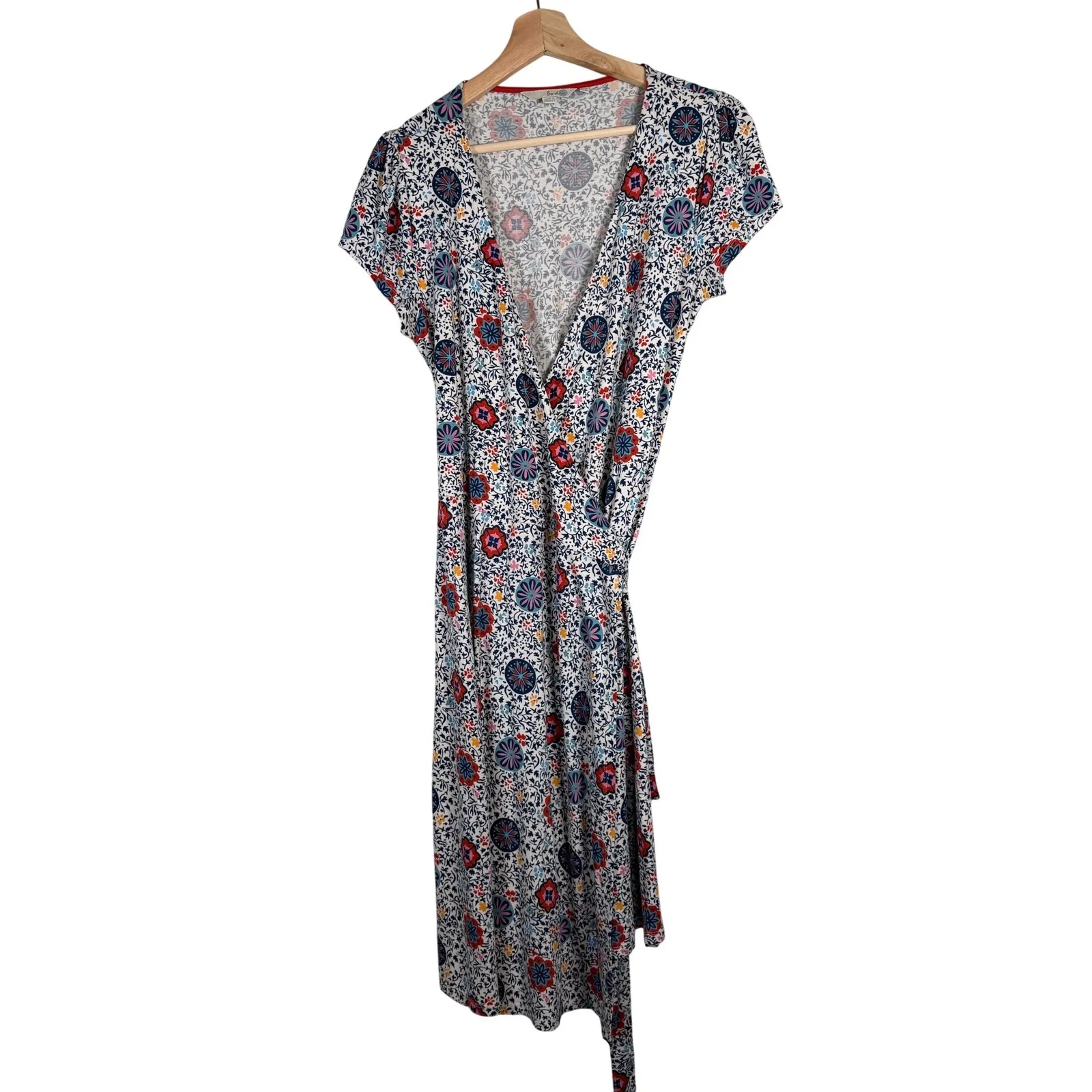 Boden Wrap Dress Short Sleeve Floral Print Midi Blue Red Yellow Women's US 8 White Size 12 - Image 2