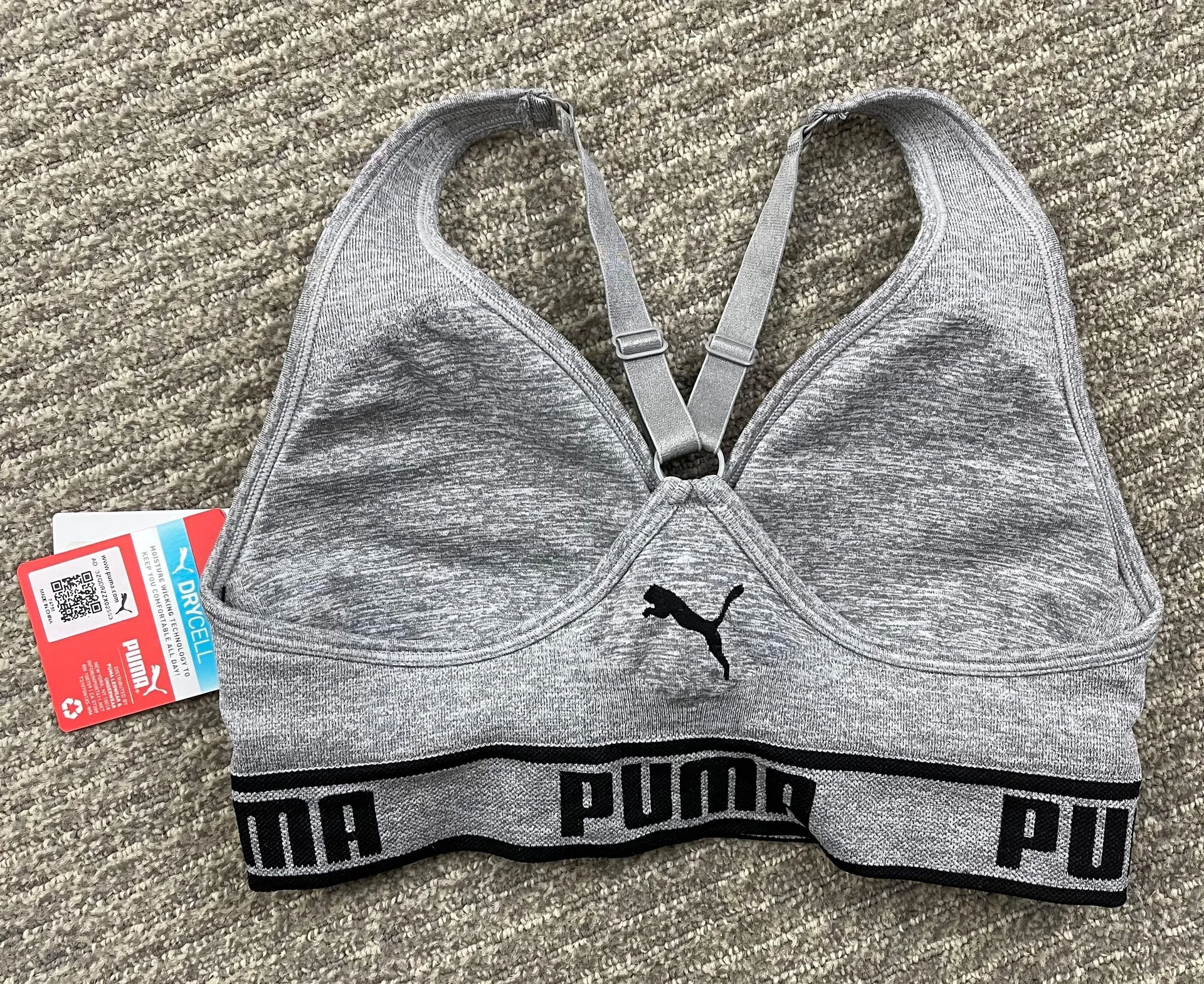 Puma Heathered Light Grey V Neck Racerback Seamless Workout Sports Bra NEW - Image 8