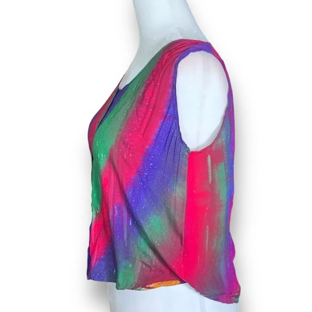 Vintage Young Fashion Top Multicolor Batik Rainbow Fish Print Scoopneck Tank Pink - Image 5
