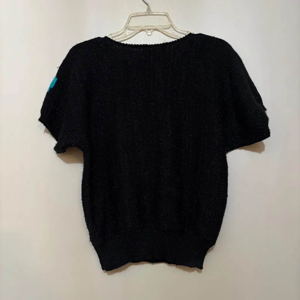 Jaclyn Smith Short Sleeve Floral Knit Sweater Black Bright Colorful Flowers S - Image 3