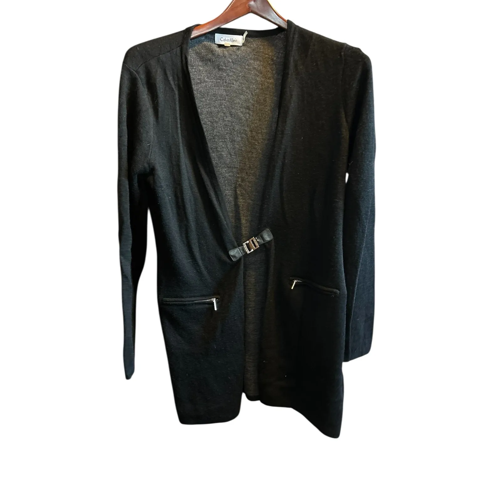 Calvin Klein Black Long Sleeve Open Front Cardigan Sweater with Buckle Detail - Image 2