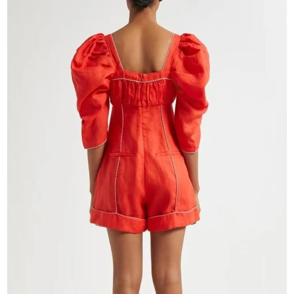 NWOT Farm Rio 100% Linen Puff Sleeve Linen Romper Size S Red - Image 2