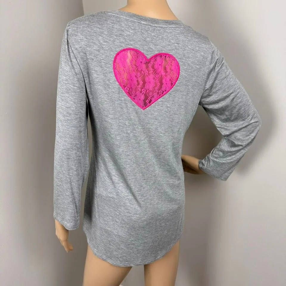 Betsey‎ Johnson Gray  Long Sleeve Top with Pink Lace Heart🩷Size S Small - Image 3