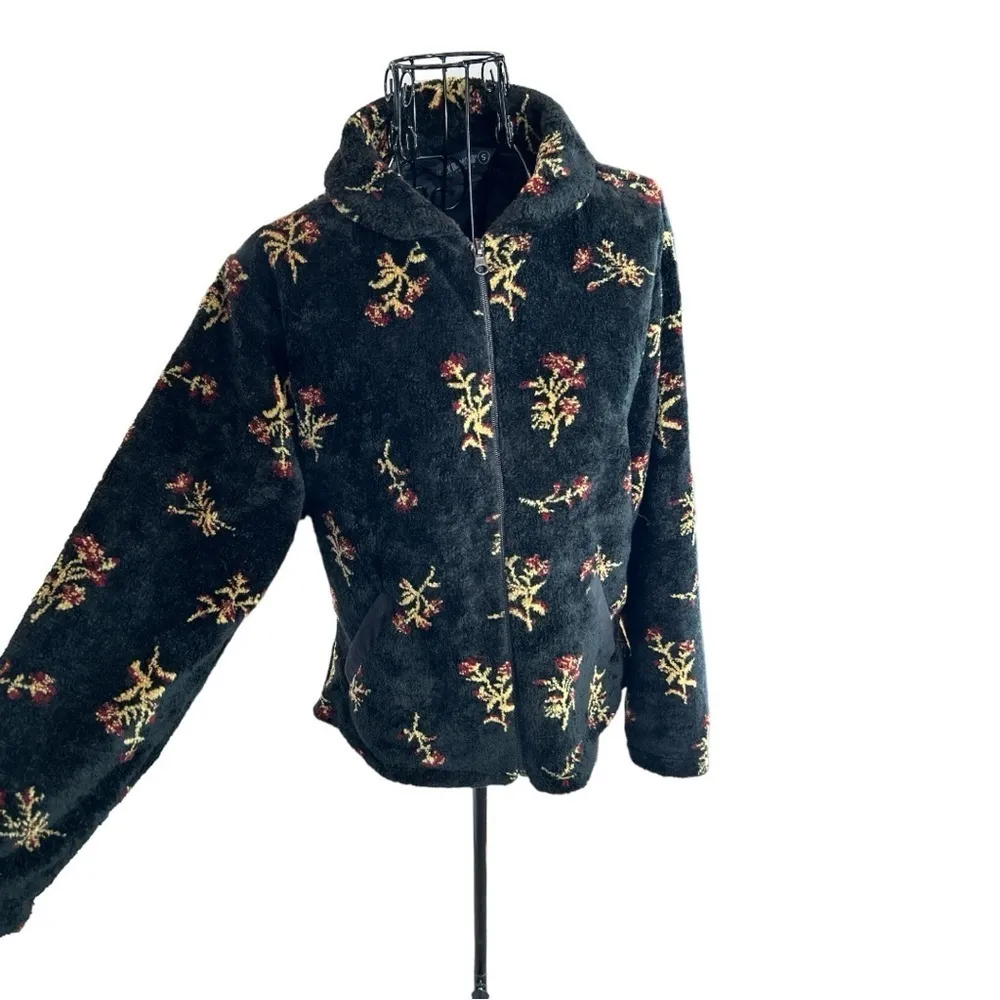 VTG Black Diamond Sherpa Fleece Botanical Floral Print Jacket Black Size Small - Image 3