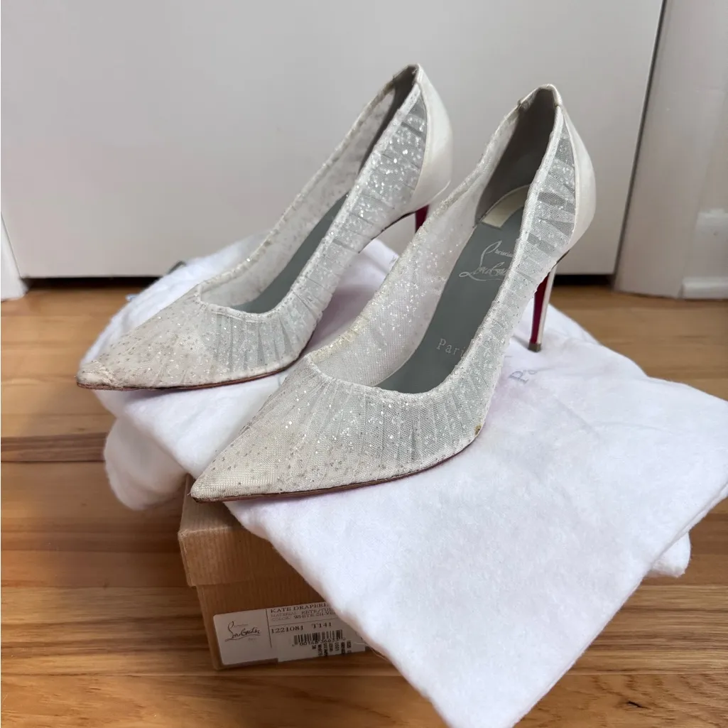 Christian Louboutin Kate Draperia 85 White Glitter Tulle Bridal Low Heel Pump 38 - Image 3