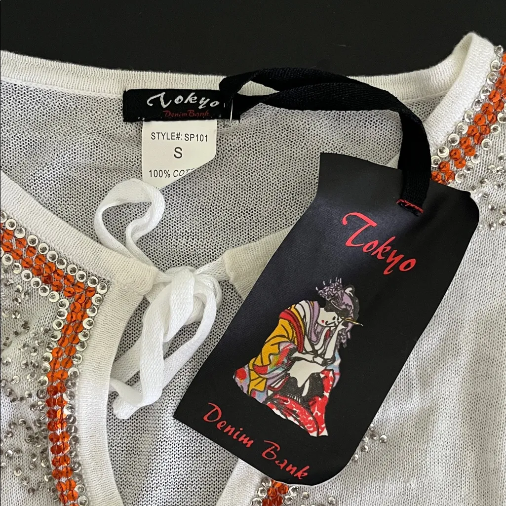 Tokyo Denim Beaded Long Sleeve Top White - Image 2