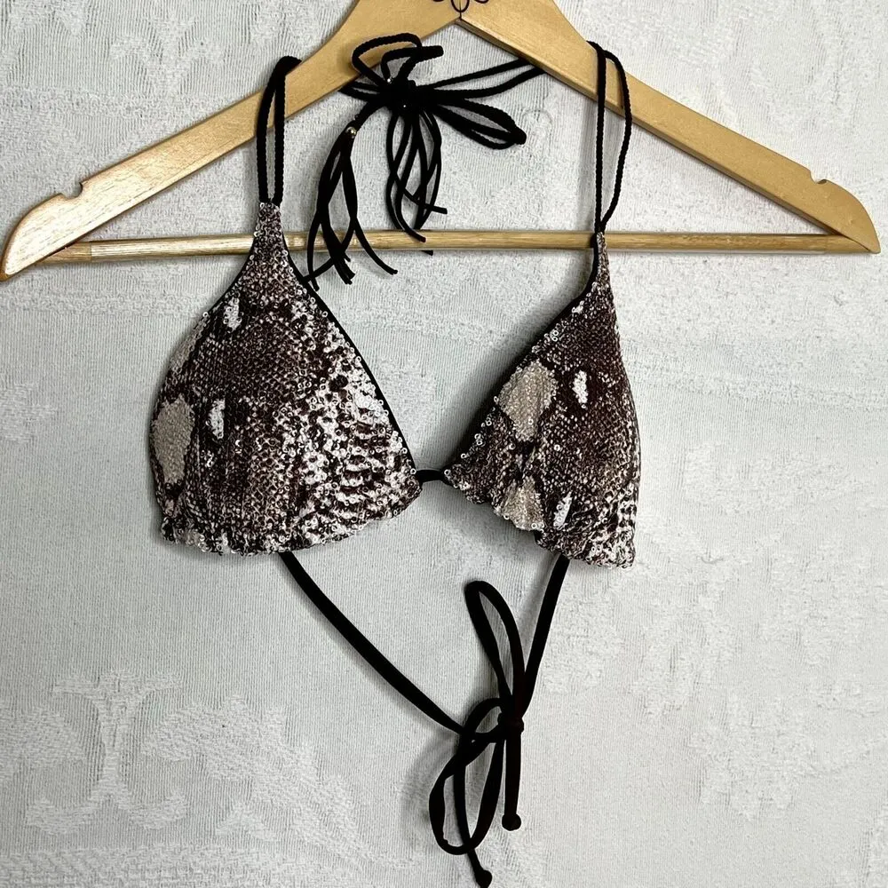 Philippe Matignon Snake Print Sequined Bikini Top Brown - Image 4