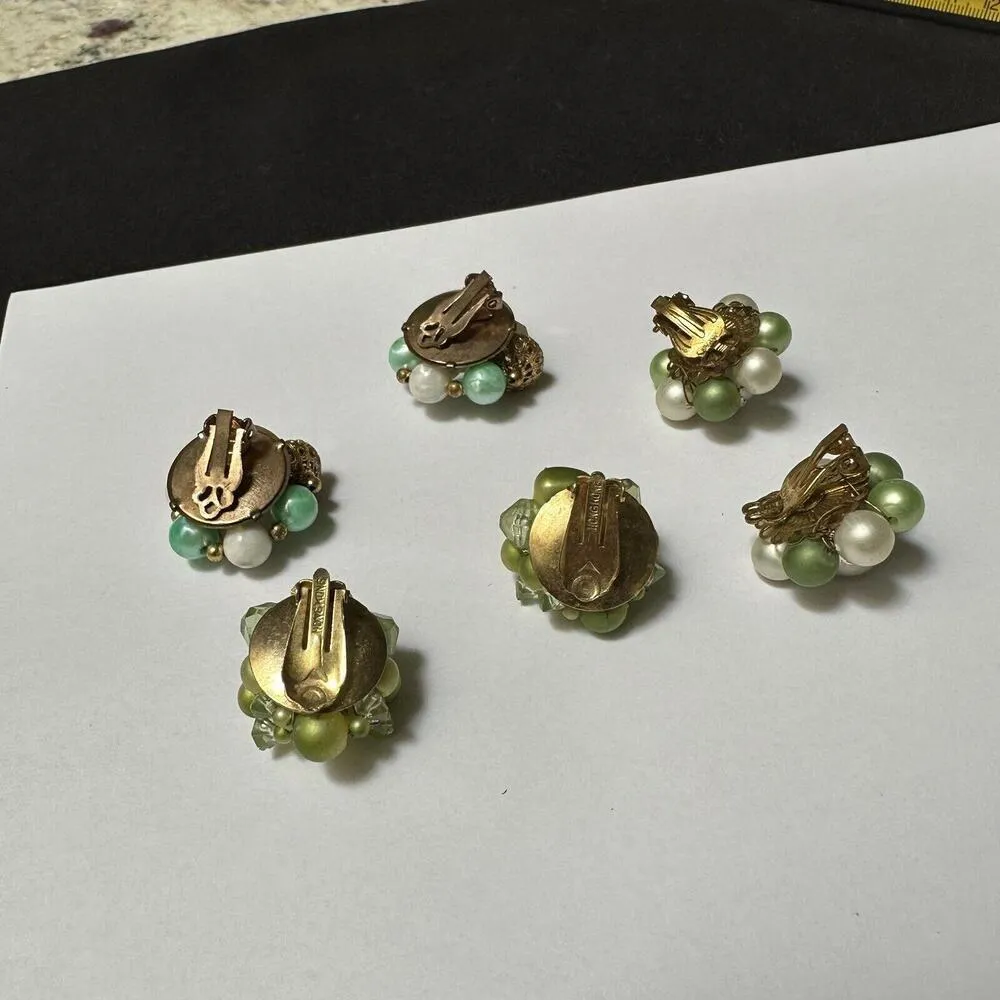 Green Bead Cluster Clip On Earrings Vintage - Image 6