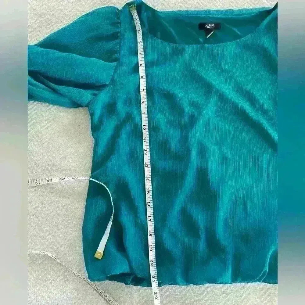Alfani Women's Round Neck Elastic Bottom Long Sleeve Blouse Teal Size 14 Petite - Image 5