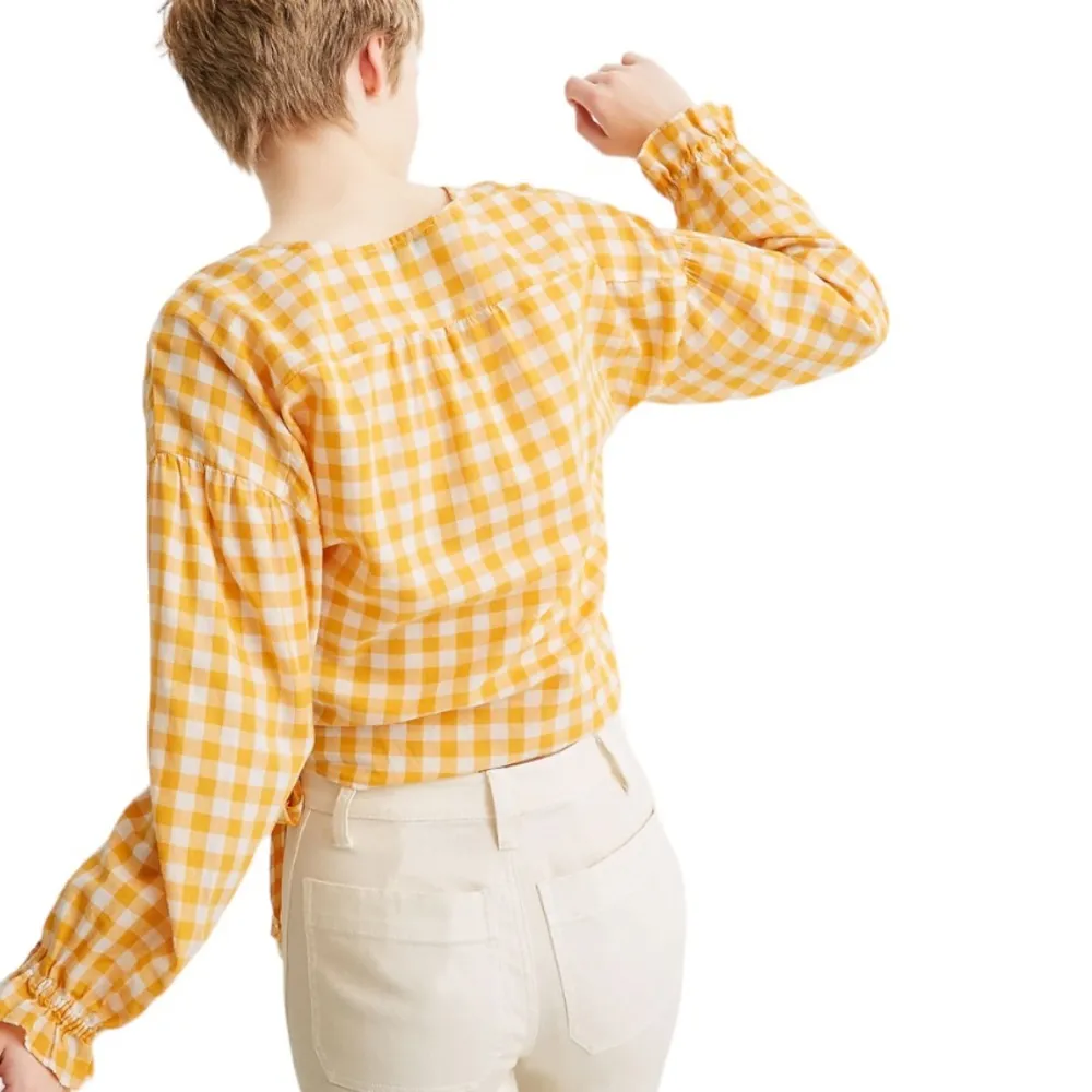 Madewell Long-Sleeve Sash-Tie Wrap Top in Yellow Gingham Check W-499 Sz XS - Image 3