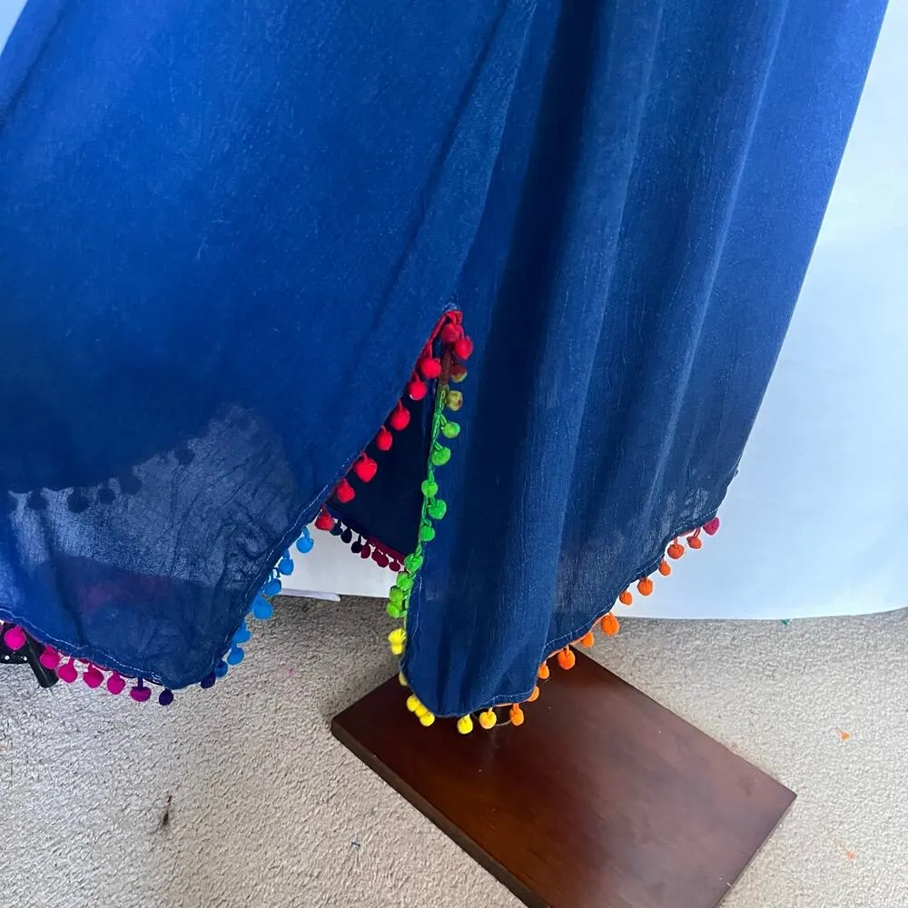 Riviera Sun Embroidered Denim Maxi Dress Sz S Festival Pom Poms Hanky Hem Boho Blue - Image 4