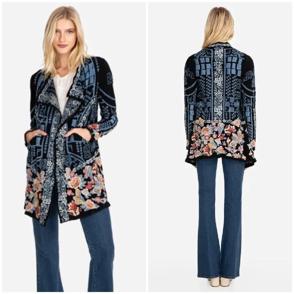 💕JOHNNY WAS💕 BIYA Klori Wrap Cardigan ~ Black Embroidered Floral Print M NWOT - Image 3