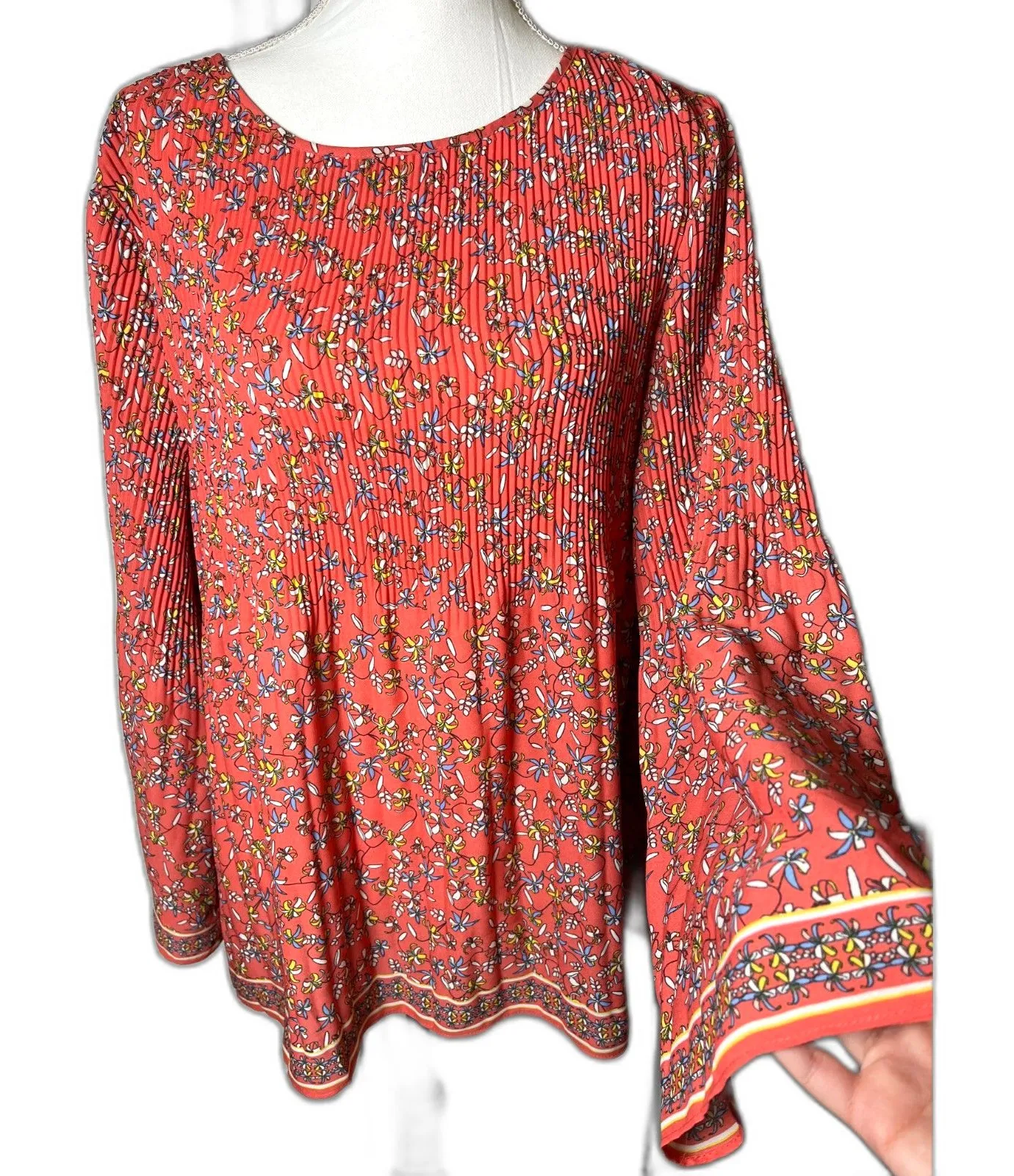 New Max Studio Red Ditsy Floral Flare Sleeve Pleated Boho Feminine Top 1X NWT - Image 1