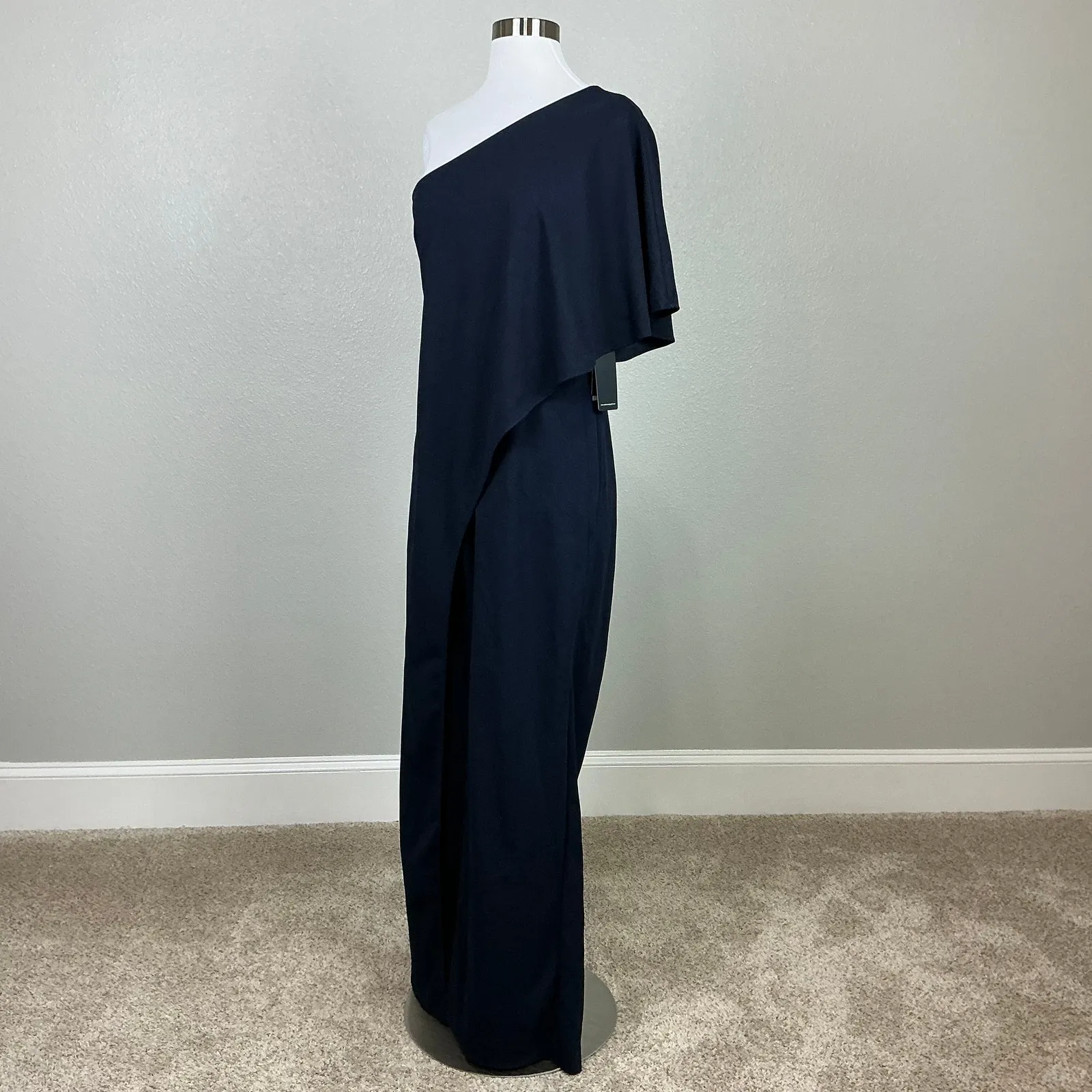 Adrianna Papell Crepe One Shoulder Wide Leg Jumpsuit Midnight Blue Size 4 - Image 4