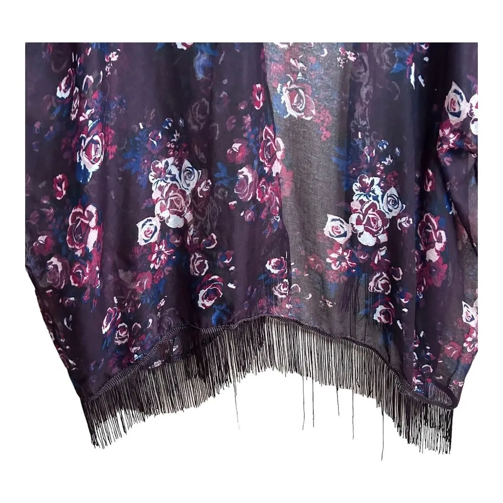 Floral Kimono Top Fringe Hem Womens One Size Lightweight Duster Long Multicolor - Image 3