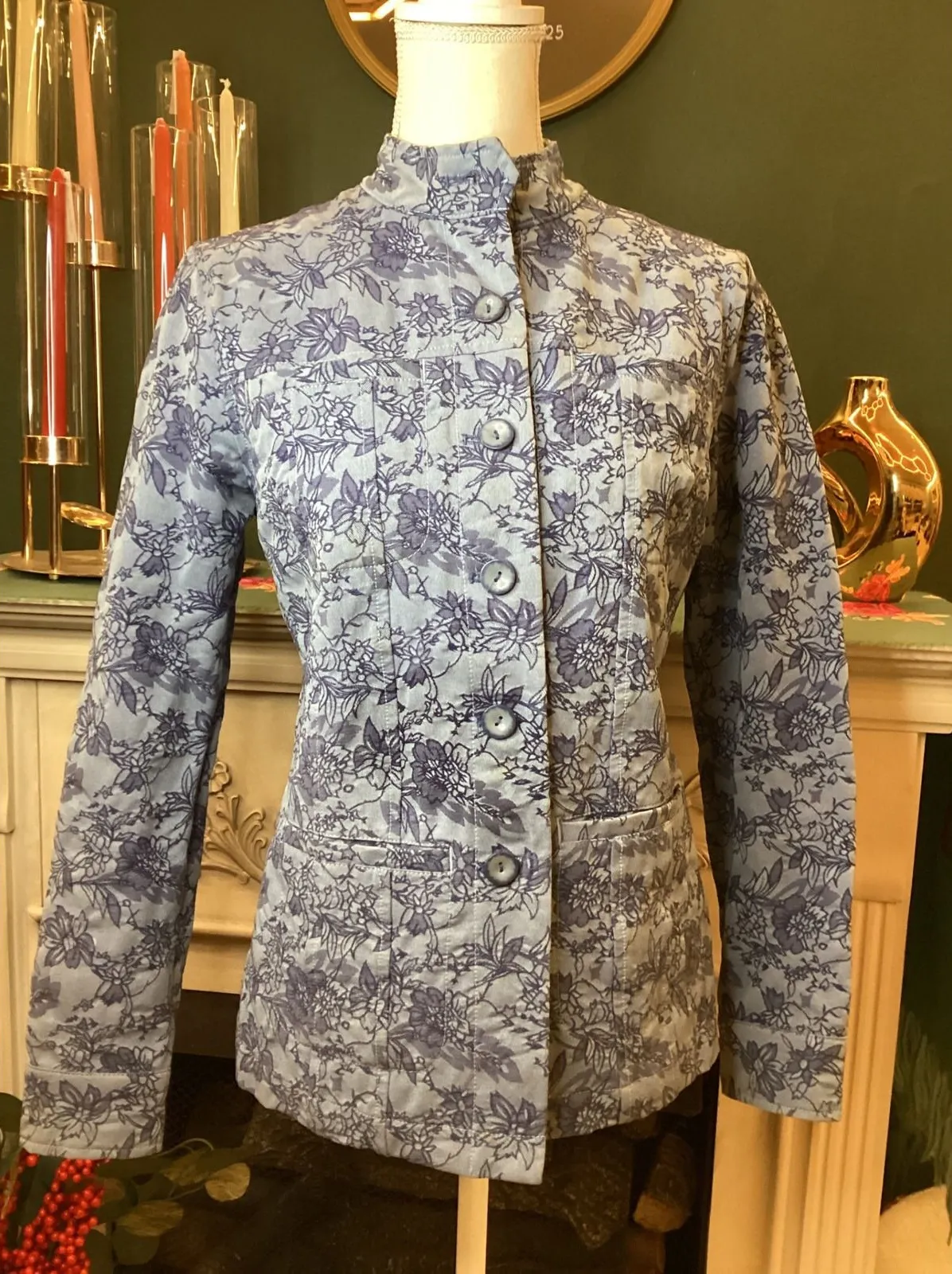 Rebecca Malone Blue Floral Print Button Up Jacket Women's Size S Mandarin Collar - Image 1