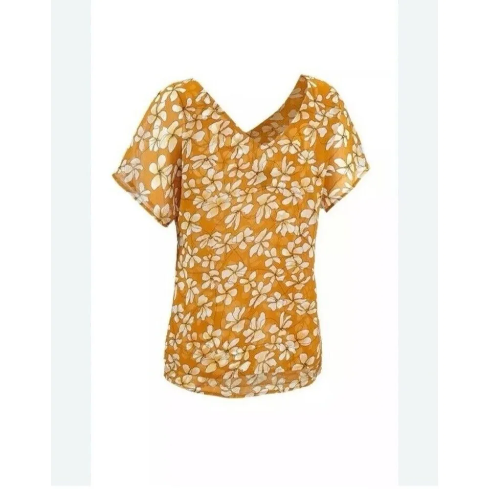 NWT Cabi  M Thrive Blouse Butterscotch Yellow Floral short sleeves sheer blouse - Image 11