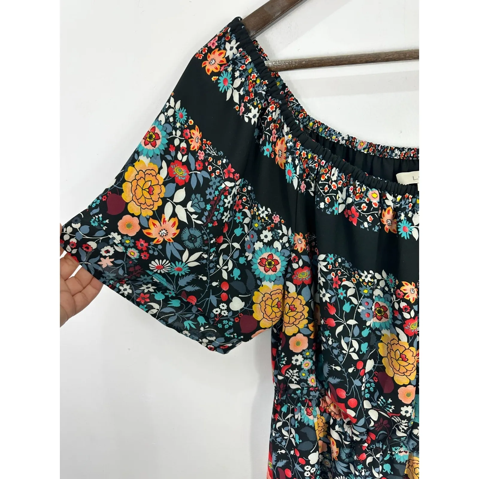 LOFT Floral Boho Off Shoulder Dress Medium Black Cottagecore Peasant Romantic - Image 3