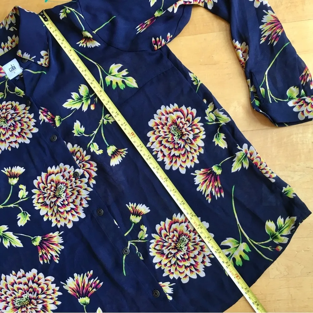 Cabi Floral, Semi-Sheer Blouse, Navy Blue, Peach Orange, Green, Size S - Image 12