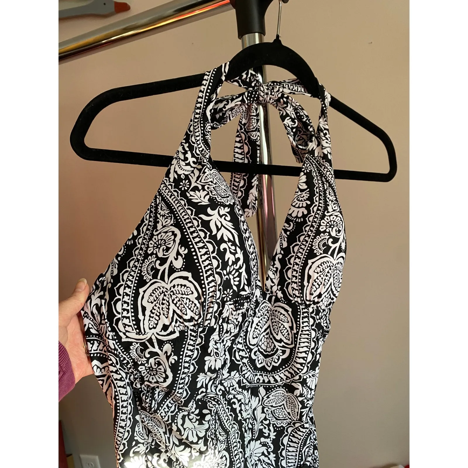 Y2K Paisley Halter One Piece Skirt Black Swimsuit Large Romantic Femme Retro L - Image 2