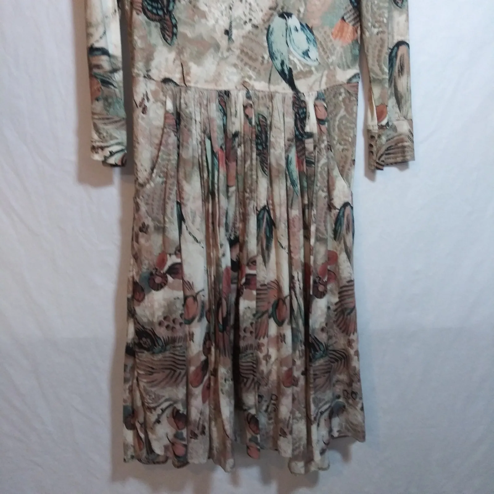 Peruvian Connection Painterly Floral Feather Bird Print Long Sleeve Dress Sz XS - Image 3