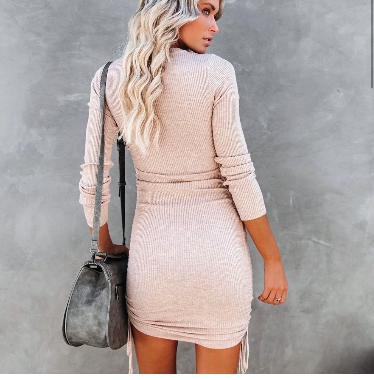 NEW- YASMINE LONG SLEEVE RUCHED KNIT DRESS - OATMEAL - Image 4