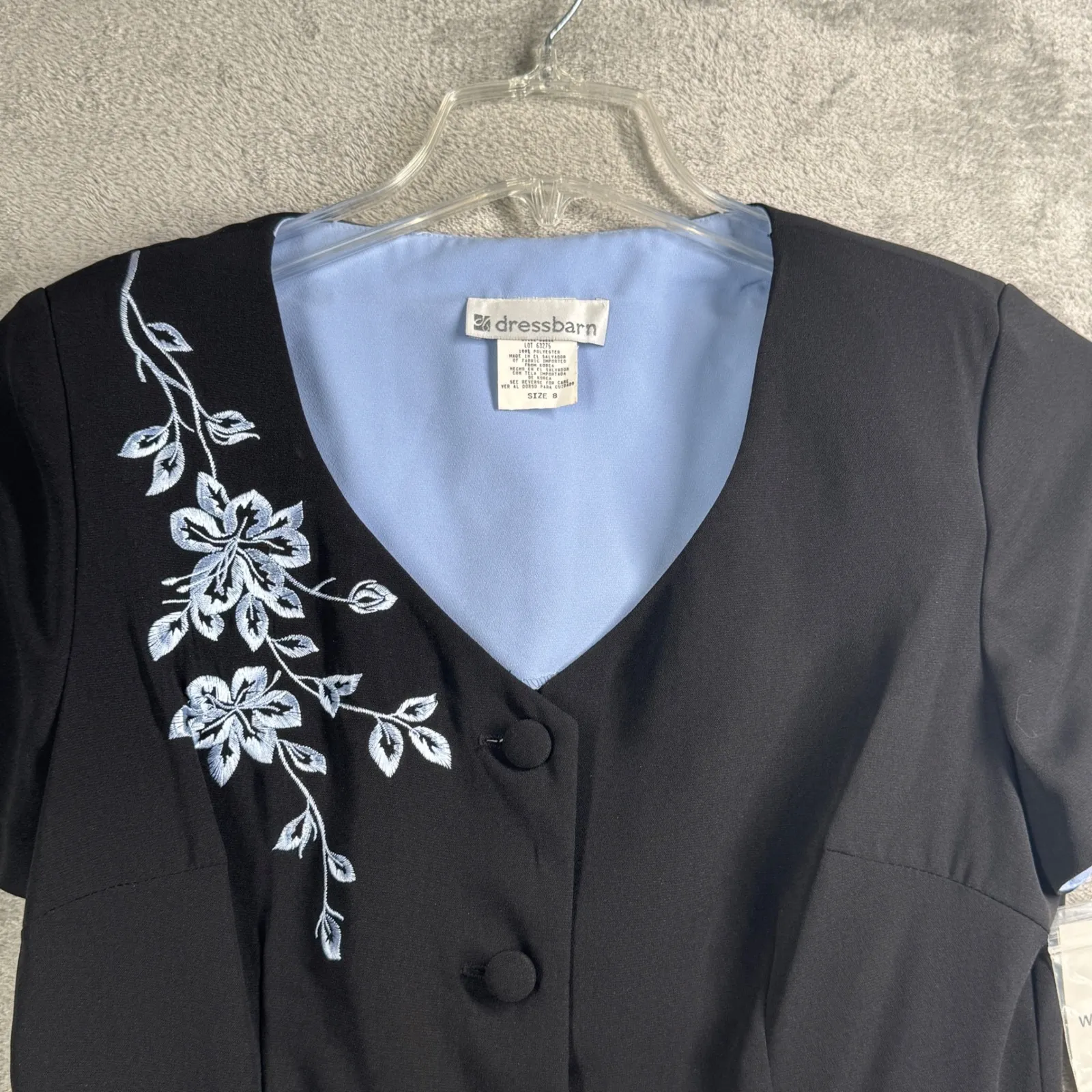 Dressbarn Dress Black Blue Floral Embroidered Button Front Midi Cottage Womens 8 - Image 3